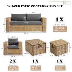 AMERLIFE Patio Sofa Set with Convertible Coffee Table - 8.3" Wide Armrests, UV-Resistant PE Rattan
