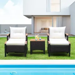 Tangkula Outdoor Patio 5PCS Rattan Conversation Furniture Set Acacia Wood Frame Chair with Coffee Table & 2 Ottomans for Backyard&Poolside