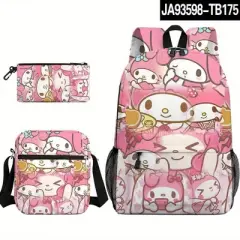 Paaaawaters Cute Cartoon Print Pink Canvas Backpack Set with Crossbody Bag Pencil Case 3pcs