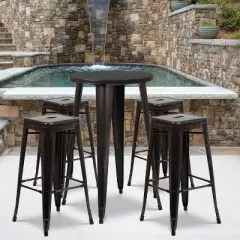 Emma and Oliver Commercial Grade 24" Round Metal Indoor-Outdoor Bar Table Set, 4 Backless Stools