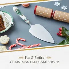 Portmeirion Christmas Tree Cake Server, 10-Inch Stainless Steel Cake Knife with Fine Porcelain Handle, Elegant Holiday Table Setting Addition