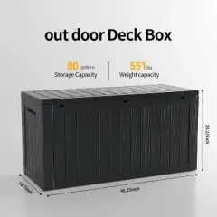 80 Gallon lockable waterproof outdoor storage box, suitable for seating terrace furniture or storing tools, swimming pool accessories,Black