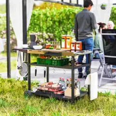 Outsunny Outdoor Bar Cart Grill Table with Wheels, Stainless Steel Tabletop Outdoor Pizza Oven Stand Prep Table with Three-Shelf Storage and Hooks