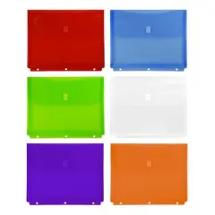 JAM PAPER Plastic 3 Hole Punch Binder Envelopes with Hook & Loop - Letter Booklet - 9 1/2 x 11 1/2 with 1 Inch Expansion - Assorted Colors - 12/Pack