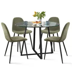 Hana + Spoon 5-Piece Round Clear Glass Dining Table Set with 4 Upholstered Chairs Black Legs for Home Kitchen Restaurant -The Pop Maison