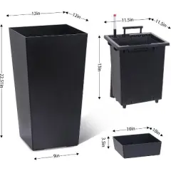 22.4 Inch Tall Planter Set of 2, Indoor &pound;&brvbar; Outdoor Black Taper Planter with Shelf Insert, Self-Absorbing Plastic Flower Pots, Large Resin Plant Pots