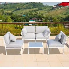 Outsunny 5 Piece Outdoor Furniture Patio Conversation Seating Set, 2 Sofa Chairs, & Coffee Table, White