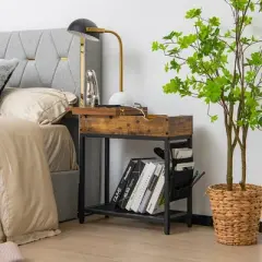 Tangkula 2PCS End Table Charging Station Industrial Nightstand Flip Top Side Pocket USB