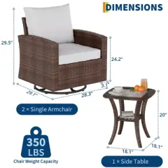 GARVEE Patio Wicker Swivel Rocker Chairs, 3 Piece Outdoor Rattan Patio Furniture Set with Comfy Cushions Tempered Glass Top Table, Bistro Chair Sets