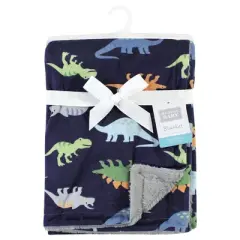 Hudson Baby Infant Boy Plush Blanket with Furry Binding and Back, Dinosaurs, One Size