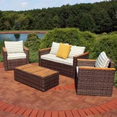 Sunnydaze Outdoor Rattan and Acacia Wood Kenmare Patio Conversation Furniture Set with Loveseat, Chairs, Table, and Seat Cushions - Green Stripe - 4pc