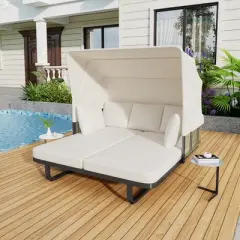 1pc Outdoor Daybed with Retractable Canopy, Rattan Wicker and Water-Repellent Cushions, Removable Pillows Included - Coolbibila