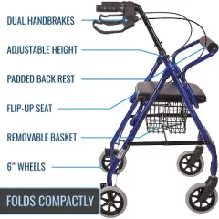 MABIS Rollator Walker, Adjustable Handle Height Folding Walker, Light Weight Aluminum Walker With Basket, Cushioned Seat and Padded Backrest, 23 x 24
