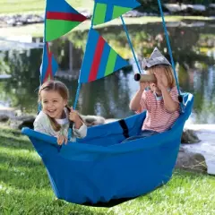 Hearthsong 47-Inch Blue Regatta Boat Swing for Kids with Colorful Flags and Mesh Bottom