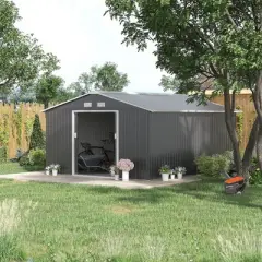 Outsunny 11' x 13' Metal Storage Shed Garden Tool House with Double Sliding Doors, 4 Air Vents for Backyard, Patio, Lawn Dark Gray