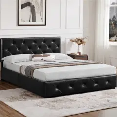 Yaheetech Upholstered Faux Leather Bed Frame with Adjustable Headboard