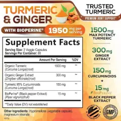 Turmeric Curcumin Supplement 1950mg Organic Turmeric with Ginger, 95% Curcuminoids, BioPerine Black Pepper, 240 Capsules By Nature's Nutrition