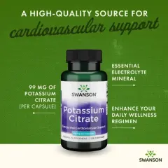 Swanson Ultra Potassium Citrate Mineral Supplement, Essential Electrolyte Helps Support Heart Health & Energy, 99 mg (120 Capsules)