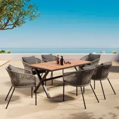 FIONECA 7-Piece Patio Dining Set with Acacia Wood Tabletop & Metal Frame, Outdoor Furniture Set with Chairs for Garden, Backyard, Balcony, Grey