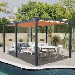 DOMETOUR 11x16 FT Outdoor Retractable Pergola with Weather-Resistant Canopy, Aluminum Patio Gazebo for Garden/Courtyard, Khaki