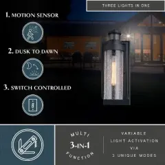 VAXCEL Lawton Steel LED Compatible Black Motion Sensor Dusk to Dawn Outdoor Wall Light Transitional Clear Glass
