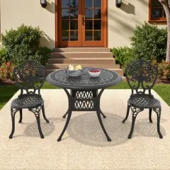 3-Piece Patio Set: Round Table & 2 Chairs - Cast Aluminum, All-Weather/Umbrella Hole & Adjustable Legs for Balcony/Backyard