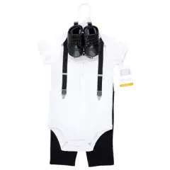 Hudson Baby Infant Boy Cotton Bodysuit, Pant and Shoe Set, Black Gingham Bow Tie