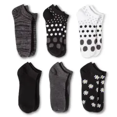Women's Daisy 6pk Low Cut Socks - Black 4-10: Recycled Polyester Blend, Banded Cuff, Snowflake Pattern, Machine Washable