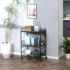 HOMCOM 24" 3-Tier Rolling Kitchen Cart, Utility Storage Trolley with 2 Basket Drawers, Side Hooks for Dining Room