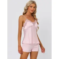 cheibear Womens Satin Lounge Lace Trim Cami Tops with Shorts Sleepwear Pajamas Sets