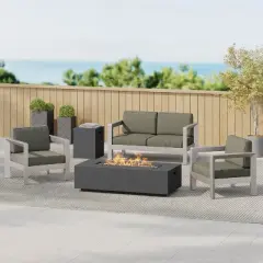 GDFStudio Alec Outdoor Aluminum 4 Seater Chat Set with Fire Pit