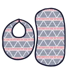 Bacati - Emma Coral/Navy Triangles Muslin 4 pc set of Bibs & Burp Cloths Set