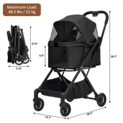 Foldable 4-Wheel Pet Stroller for Dogs & Cats - Lightweight Travel Carrier for Small to Medium Pets, 360&deg; Swivel Front Wheels, Foot Brake