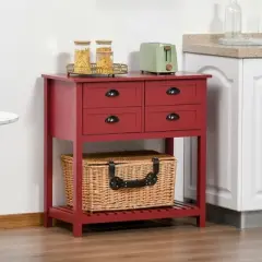 HOMCOM Sideboard Buffet Cabinet, Storage Serving Console Table with 4 Drawers and Slatted Bottom Shelf for Kitchen, Living Room, Red