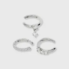 Sterling Silver Cubic Zirconia Dangle Beaded Trio Ear Cuff Set - A New Day&trade; Silver
