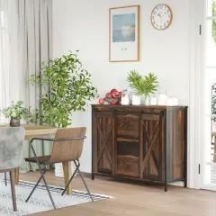 HOMCOM Industrial Farmhouse Buffet Cabinet, Kitchen Sideboard with Sliding Barn Doors, 3 Drawers and Adjustable Shelves for Living Room, Rustic Brown