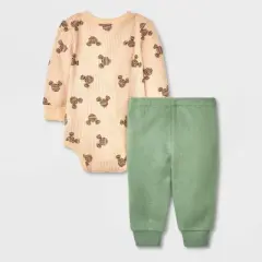 Baby Boys' Disney Mickey Mouse Solid Top and Bottom Set - Green/Tan