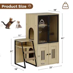 Cat Litter Box Enclosure with Door - Double Layer Cat House with Hammock, Ladder and Scratching Posts, Hidden Enclosed Litter Box Storage Furniture