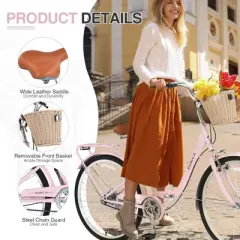 NAYSAYE 26 Inch Single Speed Folding Lady Bike Durable Steel Frame for Easy Storage and Commuting, Pink, 66.93"*25.2"*40.95"