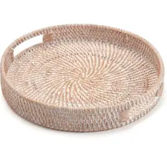 BRINJOY 16.9" White Washed Round Tray - Handwoven Rattan Coffee Table Decor with Handles