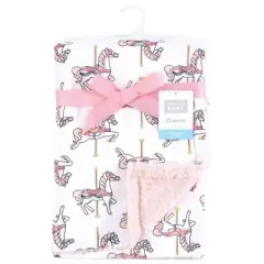 Hudson Baby Infant Girl Plush Blanket with Furry Binding and Back, Carousel Horse, One Size