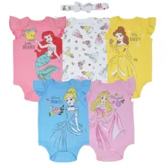 Disney Princess Ariel Belle Cinderella Rapunzel Tiana Snow White Aurora Baby Girls 5 Pack Bodysuits Newborn to Infant