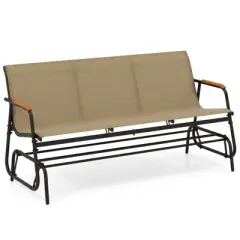 Costway Patio Glider Bench for 3 Swing Gliding Loveseat with Curved Teak Armrests for Porch