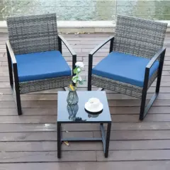 JUJABU 3 Piece Gray Wicker Outdoor Furniture Set with Cushions and Coffee Table