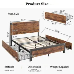 Bed Frame with 4 Storage Drawers, Metal Platform Bed with Wooden Headboard, Noise Free, No Box Spring Needed, Easy Assembly, Vintage Brown