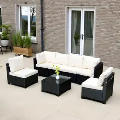 FIONECA 7-Piece Outdoor PE Rattan Sofa Set with Beige Cushions, Sectional Sofa, Chairs & Coffee Table for Patio, Garden & Backyard
