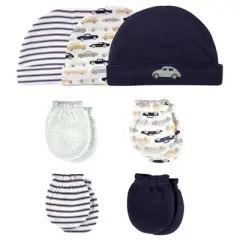Hudson Baby Infant Boy Cotton Cap and Scratch Mitten 7pc Set, Classic Car, 0-6 Months