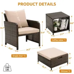 Space-Saving Patio Set with Hidden Footrest & Storage Table - 1000-Hour UV-Resistant Rattan, 2 Chairs + Ottoman