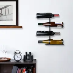 True Align Wall-Mounted Wine Rack, Black Wrought Iron, Holds Four Standard Wine Bottles, 14.75" x 14.25" x 3"