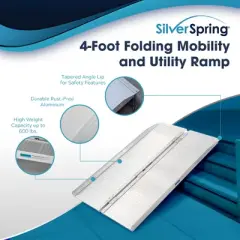 Silver Spring Mobility and Utility Ramp, 4 Foot Long Single Folding Textured Aluminum Surface, 600 lb Capacity with 2 Inch Side Rails, Silver